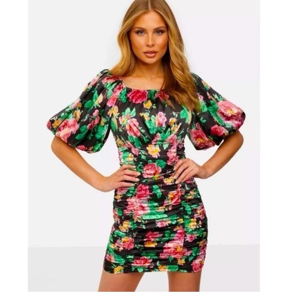 NWT For Love and Lemons Jolie Black & Coral Rushed Floral Mini Dress size XS